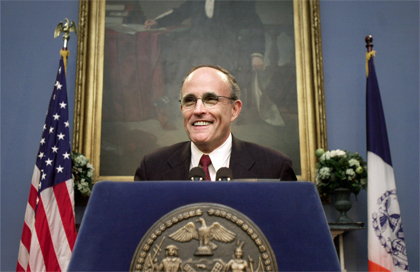 Rudolph Giuliani is seen while Mayor of New York City holding a news conference at City Hall - New York, NY - Apr 27, 2000