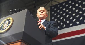 President George W. Bush addresses a crowd of more than 2,000 military personnel on Eielson Air Force Base, Alaska, Aug. 4, 2008.