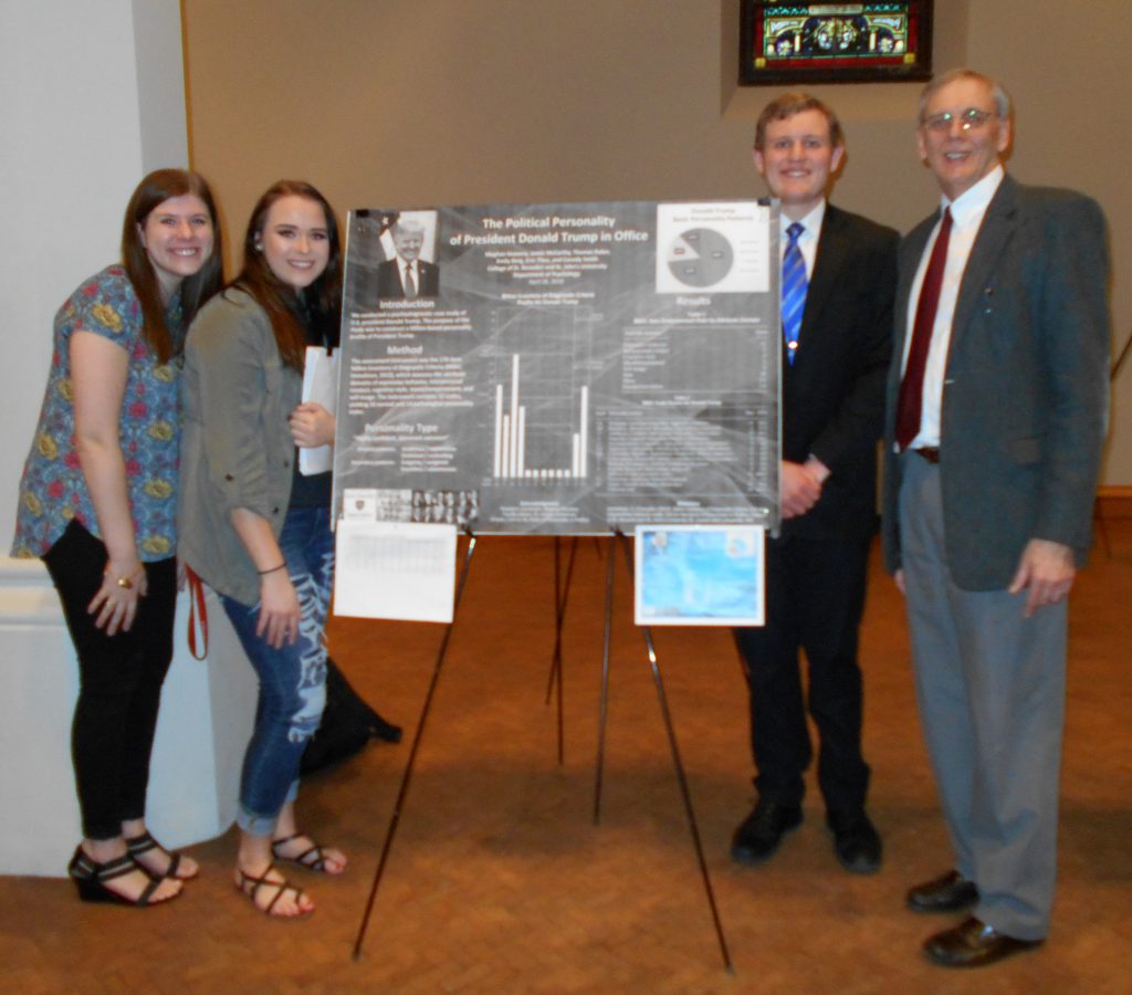 Meghan Keaveny, Emily Berg, Thomas Baker, Cassidy Smith, Jamie McCarthy, and Erin Titus (advised by Dr. Aubrey Immelman) presented their research, “The Political Personality of President Donald Trump in Office,” at Scholarship Day, April 26, 2018.